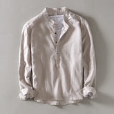 Threebooy Solid Color Men's Long Sleeve Shirt Japanese Styles Standing Collar Loose Fitting Classic Pullover Half-cardigans Shirt Tops