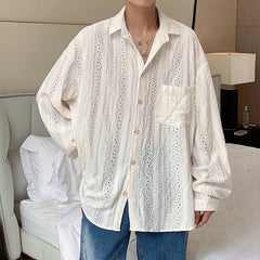 Threebooy Shirts for Men Hollow Out Lapel Men Blouse Vacation Sexy Handsome Fashion Men Clothing Mesh Long-sleeved Shirts Black/Apricot