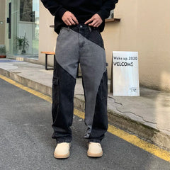 Threebooy Y2K Jeans Men Patchworks Mid Waist Denim American Street Wear Contrast Color Male's Fashion Cargo Jeans