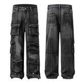 Threebooy Vintage Washed Mens Denim Trousers High Street Distressed Baggy Jeans Unisex Straight Loose Casual Cargo Pants Oversized