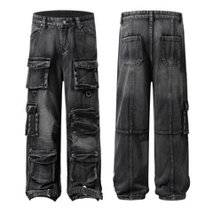 Threebooy Vintage Washed Mens Denim Trousers High Street Distressed Baggy Jeans Unisex Straight Loose Casual Cargo Pants Oversized