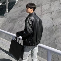 Threebooy Men's Loose Russian PU Leather Jackets Casual Fashion Trend Outerwear Top Black Color Motorcycle Jackets Baseball Coats