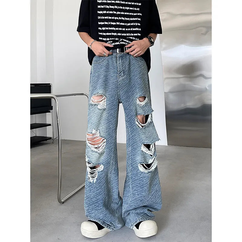 Threebooy Men's Ripped Hole Jacquard Jeans Summer Thin Handsome Casual Pants Unisex High Street Straight Wide Leg Jeans Blue/Black