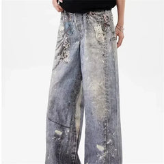 Threebooy New Men's 3D Chain Printed Baggy Jeans Autumn Casual Baggy Straight Denim Pants Women High Street Blue Wide-leg Y2K Jean