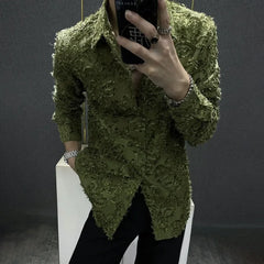 Threebooy Mens Shirt Floral Brushed Casual Shirt Autumn Streetwear Personality Campus Performance Long-Sleeved Top Men'S Clothing