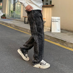 Threebooy Streetwear Loose Ink Personality American Denim Pants Men's New Retro Straight Leg Pants