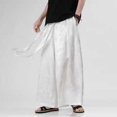 Threebooy Autumn New Chinese Style Men's Hanfu Clothing Dragon Patterned Ice Silk Wide Leg Pants Casual Loose Fit Long Trousers