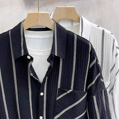 Threebooy Mens Shirt Pocket Striped Long Sleeved Shirt Summer Ice Silk Casual Breathable Moisture Wicking Japanese Top Men's Clothing