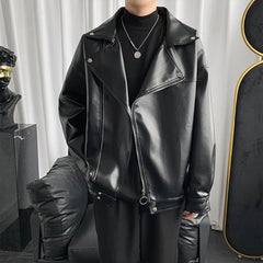 Threebooy Leather Mens Trendy Cool Baseball Sports Jacket Winter Niche Jacket Motorcycle Solid Color Zipper Leather Jacket Men's Outfit