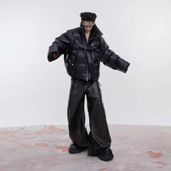 Threebooy Y2K 90s Streetwear Winter Short PU Leather Thick Cotton Jacket Men with Metal Straps Warmth