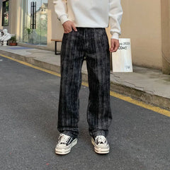 Threebooy Streetwear Loose Ink Personality American Denim Pants Men's New Retro Straight Leg Pants