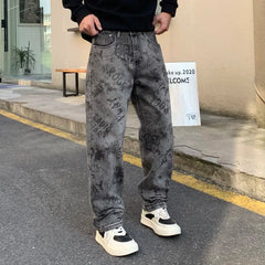 Threebooy High Quality New Grey Jeans Men Graphic Printed Y2k Denim Trousers Hip Pop Rock Straight Fit Male's Pants