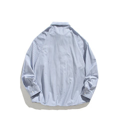 Threebooy Blue Striped Shirt Vintage College Style Tie Chain Design Loose Casual Blouse Couple Long Sleeve Top Harajuku Male Shirts Coat