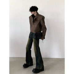 Threebooy American retro vintage motorcycle leather jacket men's spring and autumn new short shoulder padded jacket top