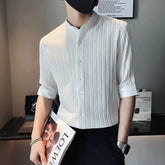 Threebooy Men's Business Stand Collar Half Sleeve Casual Shirts/Male Slim Fit High-Grade Stripe Shirts/ Club Wear Formal Clothing Top