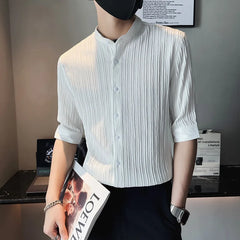 Threebooy Men's Business Stand Collar Half Sleeve Casual Shirts/Male Slim Fit High-Grade Stripe Shirts/ Club Wear Formal Clothing Top