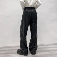 Threebooy Casual Drawstring PU Leather Long Pants Men Trousers Spring Fall Loose Y2k Elastic Waist Straight Wide Leg Faux Leather Pants