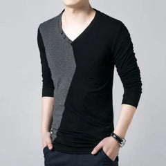 Threebooy New Spring and Autumn Fashion Trend V-neck Panel Contrast Color Fashion Warmth Oversized Slim Fit Men's Bottom Shirt