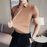 Threebooy British Style Men's Summer Lce Silk Casual Short SSleeves Shirts/Male Slim Fit Lapel Stripe Stretch Business Dress Shirts