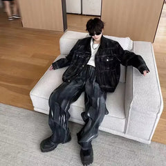 Threebooy Retro Niche High-end Washed Denim Splatter Suit Men's Jacket Long Pants Two-piece Set