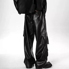 Threebooy American style hip-hop punk leather pants men's spring workwear pants high street multi pocket pants