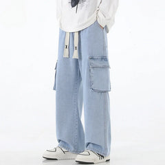 Threebooy 90s Streetwear American style spring autumn multi pocket workwear jeans for men unisex loose straight leg hip-hop wide leg pants