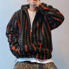 Threebooy Mens Fashion Trend Y2k Hoodie Autumn And Winter Retro Warm Plus Velvet Imitation Lambswool Half Zipper Hooded Thick Coat Men