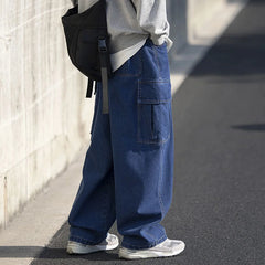 Threebooy Men's Baggy Homme Casual Pants Classic Cargo Straight Pants Pocket Decorate Jeans Biker Denim Blue Color Trousers M-5XL