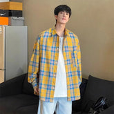 Threebooy Casual Yellow Plaid Long-sleeved Lapel Shirt Versatile Loose Jacket for Men and Women Couples