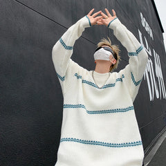 Threebooy Men Streetwear Harajuku Vintage Knitwears Oversized Knitted Sweater Winter Korean Fashions Striped Sweaters Pullovers