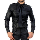 Threebooy Fashion Black Faux Leather Men Oversize Fitness Shirts Long Sleeves Pocket PU Metal Fastener Tops Tees Sexy Slim Fit Sexy Shirt