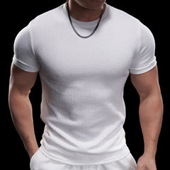 Threebooy Fitness Short-sleeved Muscular Men's Muscle Texture Round Neck Slim Elastic Quick-drying Training Fitness Running Sports T-shirt