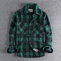 Threebooy American Casual Wear Men Plaid Shirt Fashion Thickened Double Pocket Work Clothes Long Sleeved Shirt Male Tops Clothes