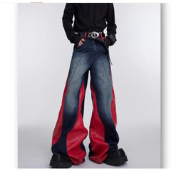 Threebooy Y2k Retro Washed Splicing Jeans for Men New Hip Hop Punk PU Leather Baggy Jeans Straight Casual Black Denim Trousers Streetwear