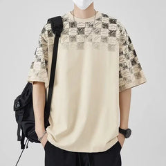 Threebooy Summer Japanese Men's New Pullover O-Neck Patchwork Printed Plaid Fashion Loose Casual Versatile Short Sleeved T-shirt Tops