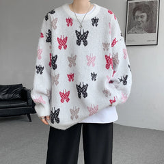 Threebooy Autumn Winter Butterfly Jacquard Pattern Sweater New Popular Casual Round Neck Contrast Color Knitted Men's Knitwear Pullover