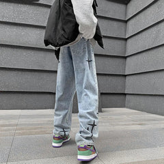 Threebooy Fashion Star Embroidery Men's Baggy Straight Jeans Korean Y2K Wide Leg Denim Pants Personality Streetwear Hip Hop Male Trousers
