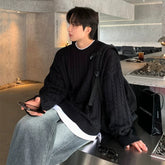 Threebooy Winter Korean Fashion Jacquard Men Sweater Luxury Trendy O Neck Knitted Solid Color Pullover Leisure Long Sleeve Basic Knitwear