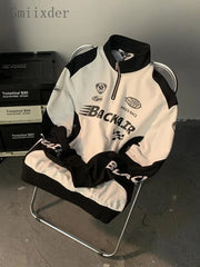 Threebooy Vintage Street Letter Print Shirt American Stitching Stand Collar Tshirt Men Women Long Sleeve Hip-hop Sports Top