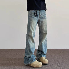 Threebooy Korean Fashion High Street Lightning Ripple Jeans Straight Leg Pants Four Season Classic High-Quality Micro Flared Pants
