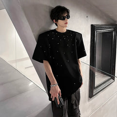 Threebooy Metal Pearl Embellished Men Round Neck Cotton Tshirt man Breathable Comfort Casual Trendy Tee Top Fashion Loose Fit Plain