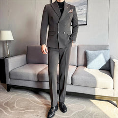 Threebooy High-quality wedding casual haute couture dark striped fabric double-breasted suit two-piece suit and trousers set