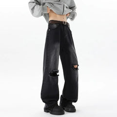 Threebooy Straight Loose Wide Leg Jeans Mens Washed Classic Trousers Ripped Destroyed Drag Floor Length Bulk Wholesale Trendy Streetwear