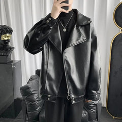 Threebooy Leather Mens Trendy Cool Baseball Sports Jacket Winter Niche Jacket Motorcycle Solid Color Zipper Leather Jacket Men's Outfit