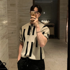 Threebooy Summer Men's Clothing Luxury O Neck Knitted T Shirt Retro Geometric Short-sleeved Korean Popular Knitwear Leisure Basic Shirt