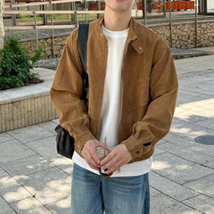 Threebooy Khaki Cargos Stand Collar Jackets Men's Japanese Retro Streetwear Fashion Solid Color Zipper Long Sleeve Coats Autumn Clothing