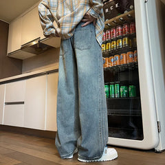 Threebooy Men Denim Pants Elastic waist pull rope Straight Droop Vintage Loose Bottom Straight Wide Leg Casual Male Trousers Korean Style