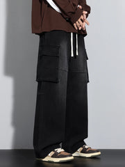Threebooy New Men's Baggy Straight Cargo Jeans Elastic Waist Vintage Blue Black Smoky gray Denim Pants Fashion High Street Male Trousers