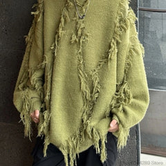 Threebooy Ripped Tassel Sweater Men Women Streetwear Pullovers Men's Sweater Harajuku Fashion Hip Hop Fringed Knitted Round Neck Sweaters