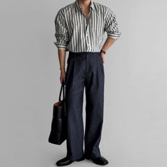 Threebooy New Naples Business Men Shirts Light Luxury Textured Lapel Striped Long Sleeve Cardigan Leisure Premium Commuter Blouse M-2XL